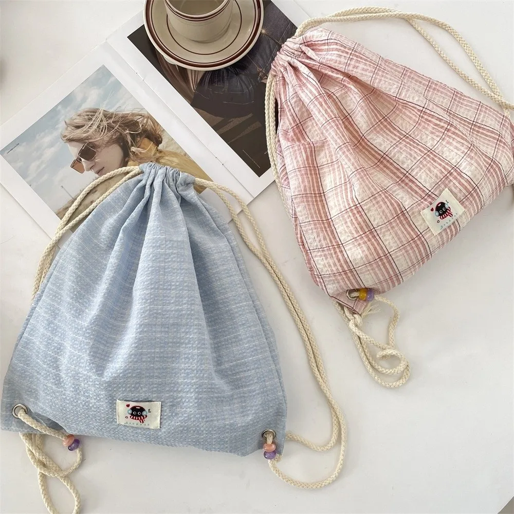 Простой дизайн, повседневный клетчатый рюкзак в стиле Харадзюку, винтажная сумка на шнурке в корейском стиле, эстетический рюкзак Y2k для активного отдыха