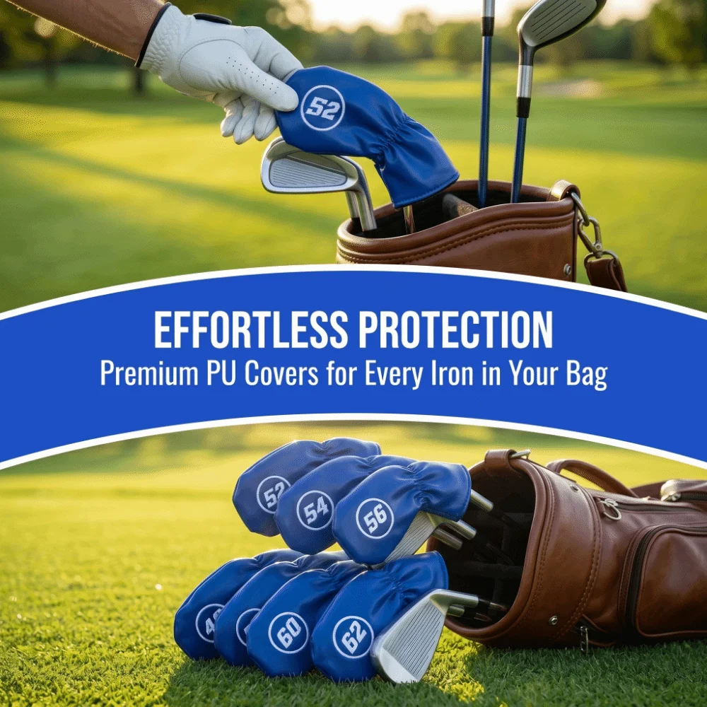 8pcs PU Material Golf Iron Head Covers Soft Lining Degree Marked Golf Club Covers Slip-On Fit Blue Finish Club Shell