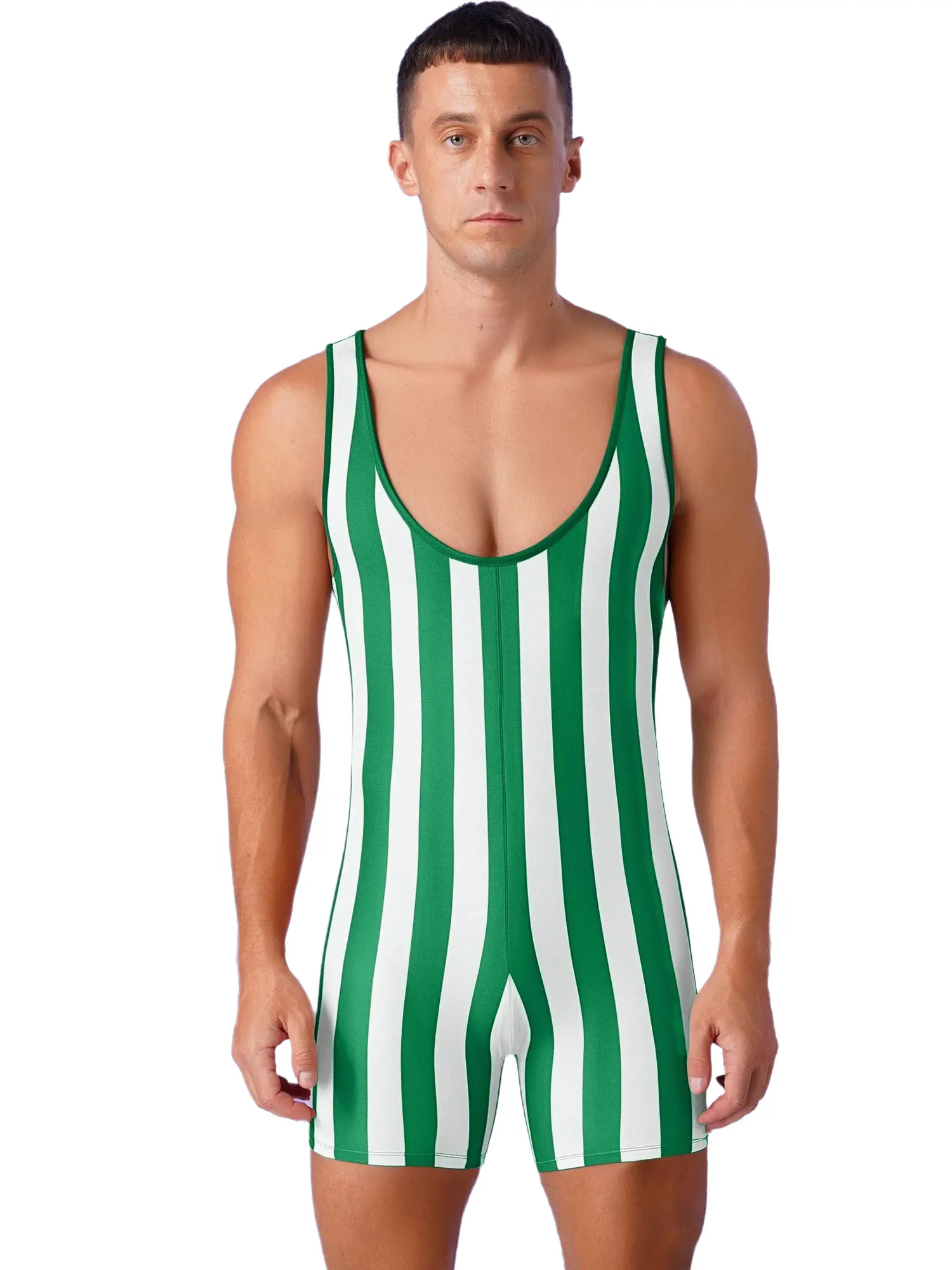 Strong Men's Stretchy Wrestling Singlet Workout Costumes Striped Rompers for Bodybuilding Shapewear Fitness Gym Sports Costumes