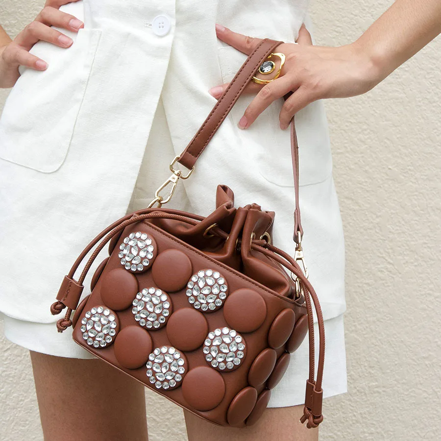 three-dimensional round decoration splicing rhinestone thin shoulder strap portable exquisite light luxury banquet bag