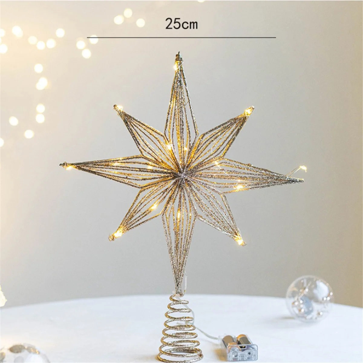 Adornos para árbol de Navidad, lámpara LED de estrella, adornos navideños para el hogar, adornos de árbol, luz de árbol de estrella de ocho puntas, oro champán