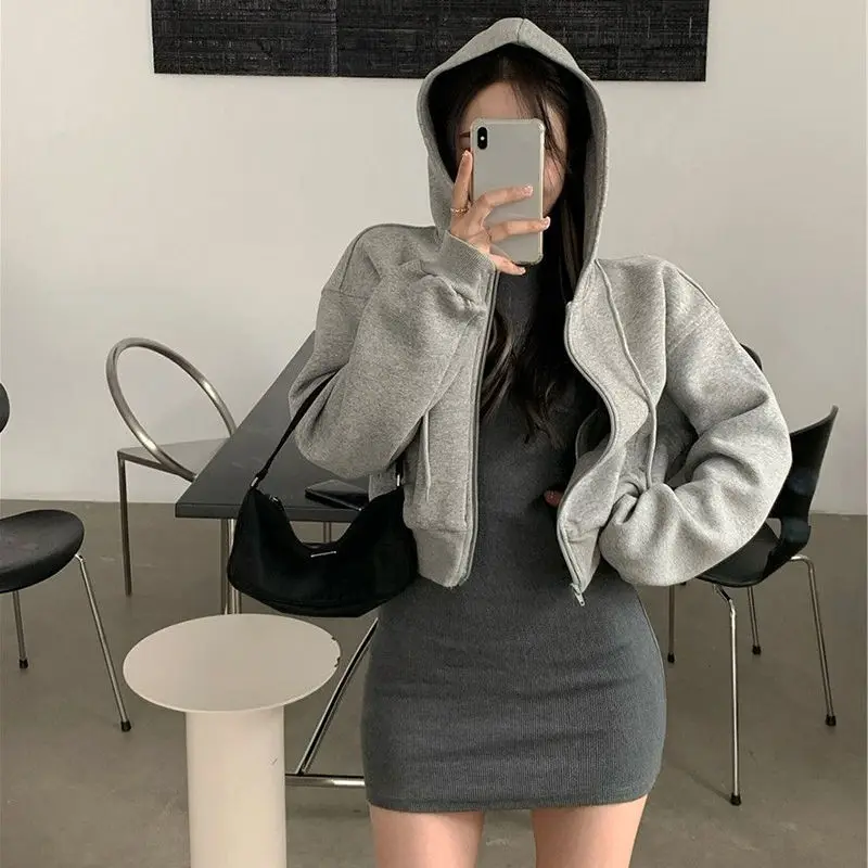 

Grey Zip Up Crop Sweatshirt Korean Fashion Harajuku Casual Oversize Basic Hoodie Female Autumn Loose Long Sleeve Top