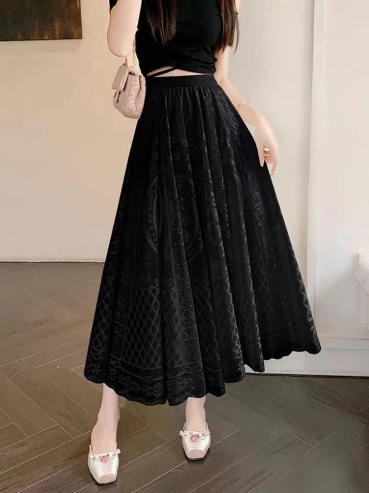 Lace Skirt High Quality Mid-Length Overskirt Women's Spring Summer New Elegant OL High Waist A-Line Slim Look Mesh Skirts Female