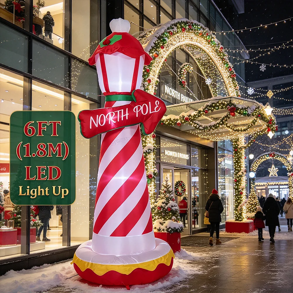 1.8M Christmas Inflatable Santa with Lamp Post, LED Lighted Blow Up Yard Decor for Garden Park Mall