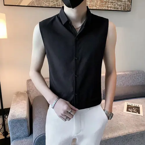 Imagen 2 del producto Camiseta de algodón para Hombre, Ropa informal ajustada, con cuello de solapa y botones, color liso, elegante, a la moda, estilo Harajuku