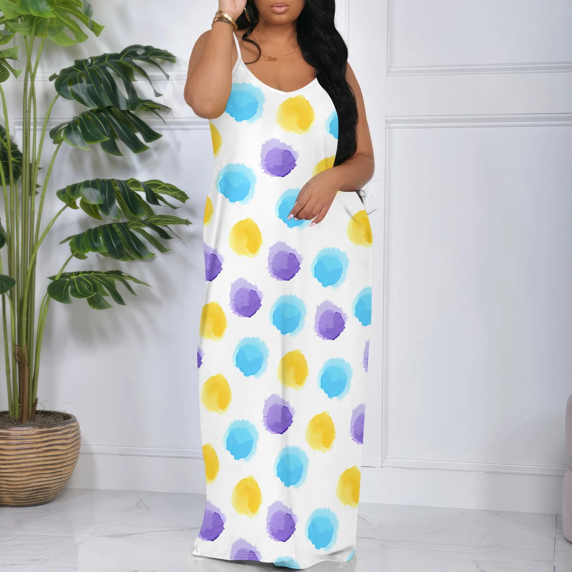 

Nupusa Women's Sleeveless Maxi Dress Summer Casual Watercolor Dot Print Beach Sundress