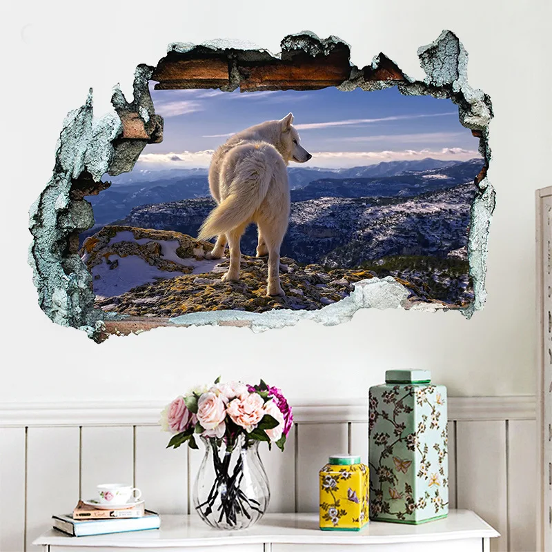 

Snowy Land Wall Hole Art Mountain Peak Lone Wolf Vinyl Mural Stickers for Home Decoration Aesthetic Room Animal Poster Removable