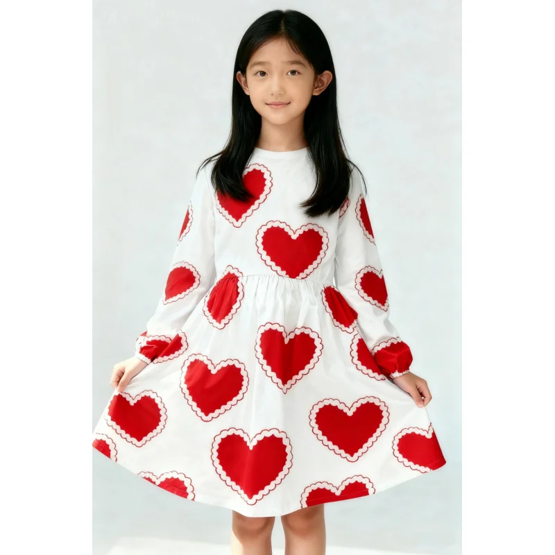 

Cute Girl's Dress with Red Heart Print Long Sleeve Casual Kids Dress