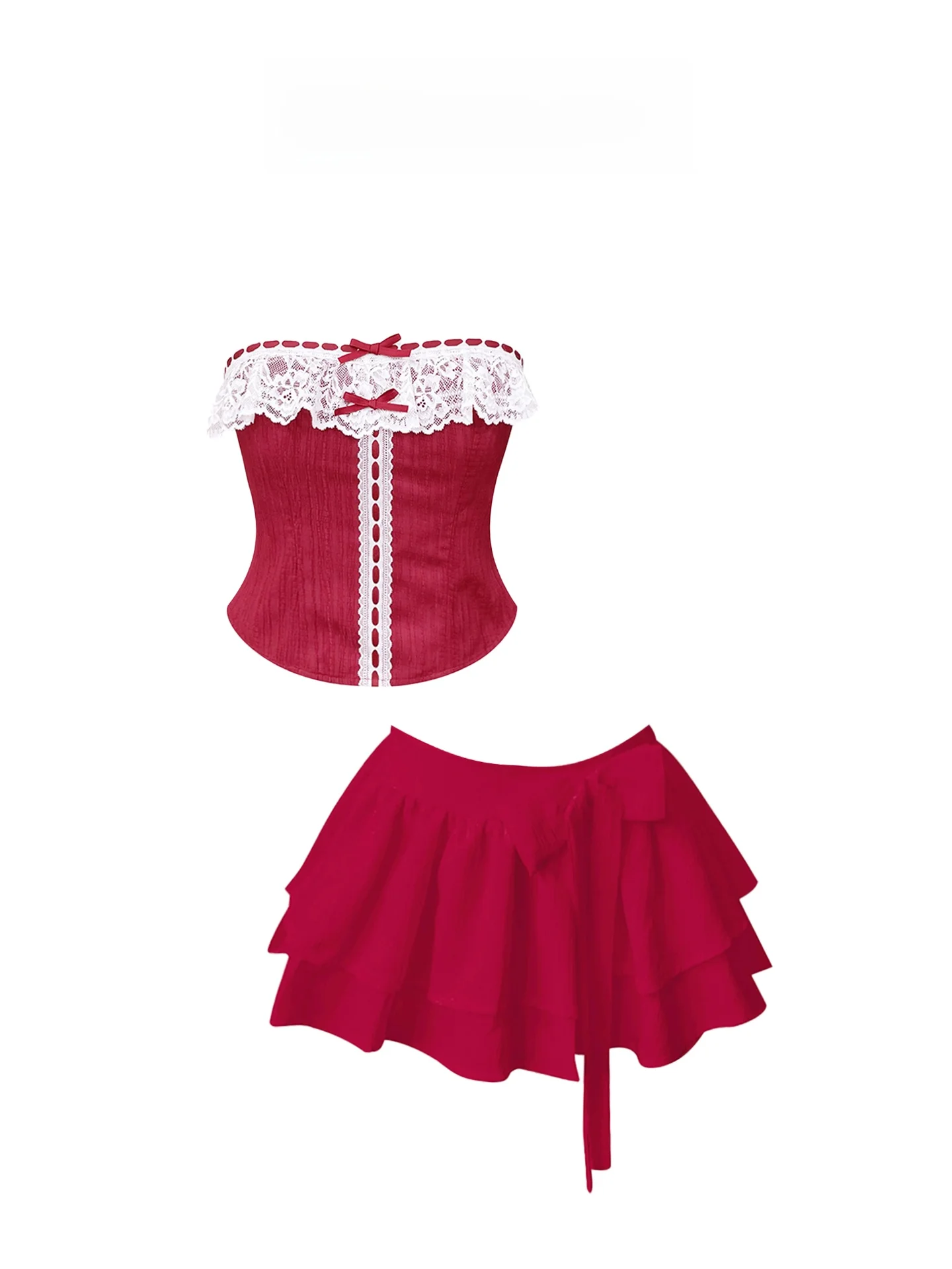 

HEZA Spicy Girl Lace Color Blo Bustier Top Women Summer High Waist Knot Puffy Skirt Set Korean Sle Faion Ense...