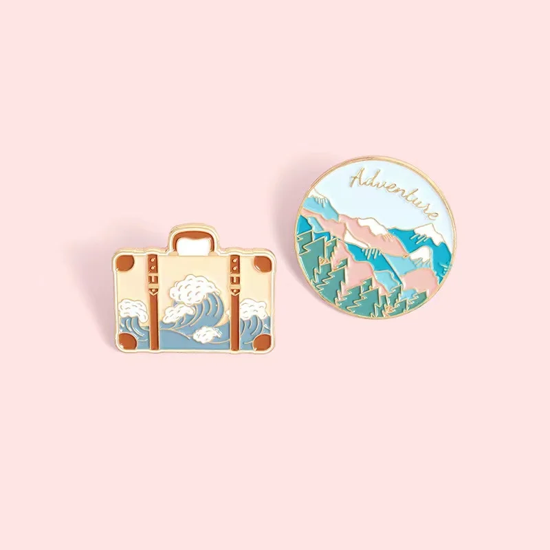 Travel Enamel Pin Custom Adventure Tour Suitcase Journey Brooches Lapel Badges Bag Mountains Oceans Wave Jewelry Gifts Wholesale