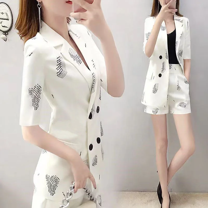 Women's Suit 2025 Summer New Clothes Fashion Korean Style White Pattern Printed Jacket Coat Top Shorts 2 Two Piece Set For Women