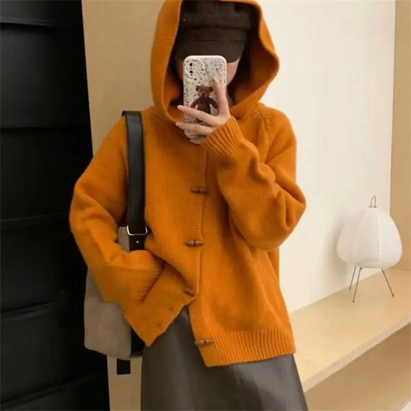 

Casual Hooded Knitted Cardigan Women's Clothing Fashion Bull Horn Single-breasted Autumn Winter Loose Basic Solid Color Sweaters