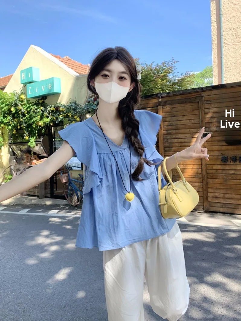 

Women's Cotton Linen Shirt V-neck Puff Sleeve Doll Top Loose Fit Summer Casual Wear Korean Style Regular Length Sleeveless