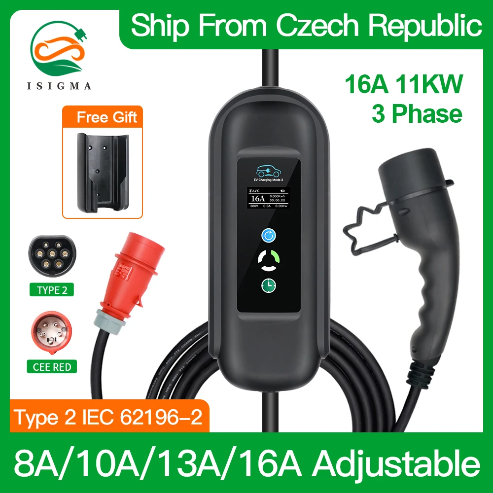 ISIGMA 16A 11KW EV Charger Wallbox Type 2 Charging  Timer 1-10Hour Adjust Current For EU Hybrid Electric Vehicle Cars 5M