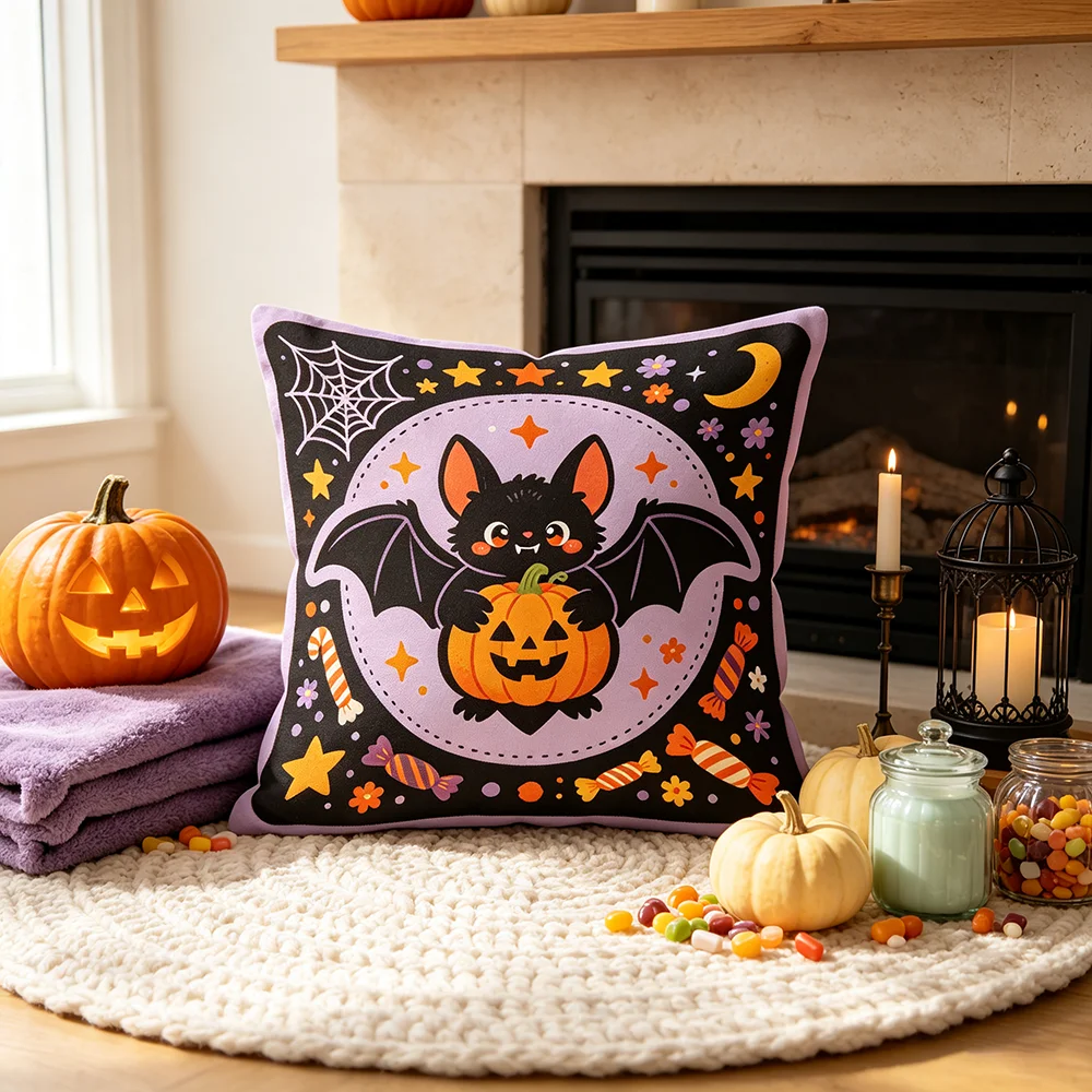 1PC Cute Bat Pumpkin Print Pillow Cover Halloween Cartoon Purple Moon Stars Candy Sofa Couch Bedroom Kids Room Home Decor Gift