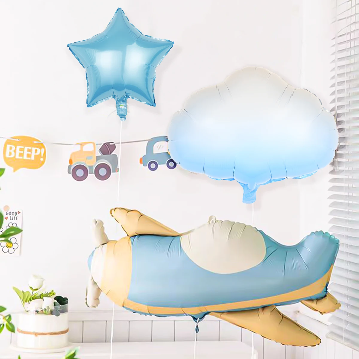 6pcs airplane balloon set, airplane, white cloud, star balloons, suitable for birthday party, adventure theme party decorations