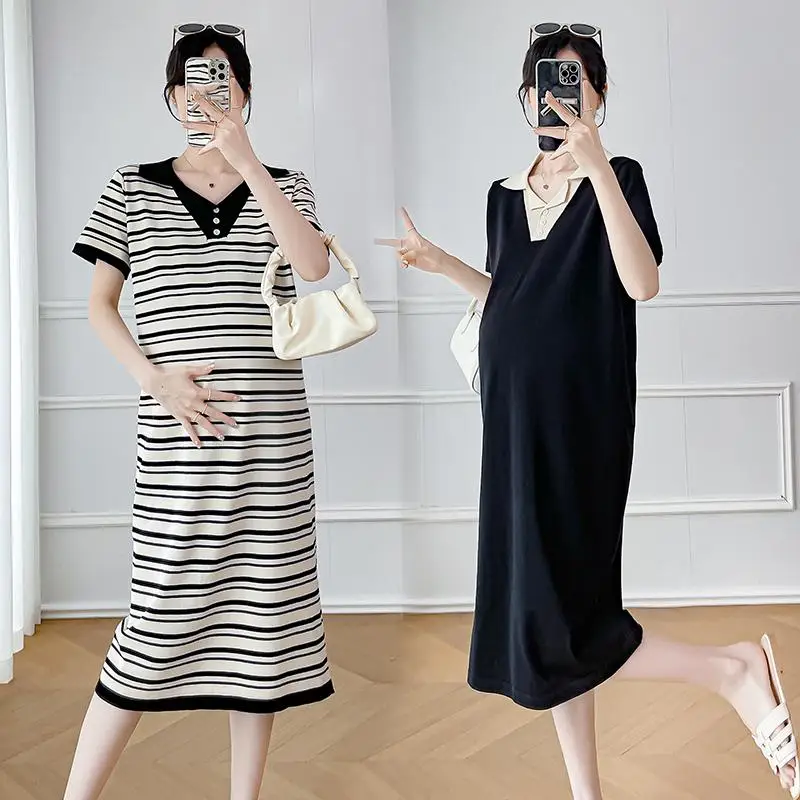 Korean Style Pregnant Women Summer Knitted Dress Preppy Style Block Color Collar Stripes Dress Stretched Maternity Casual Dress