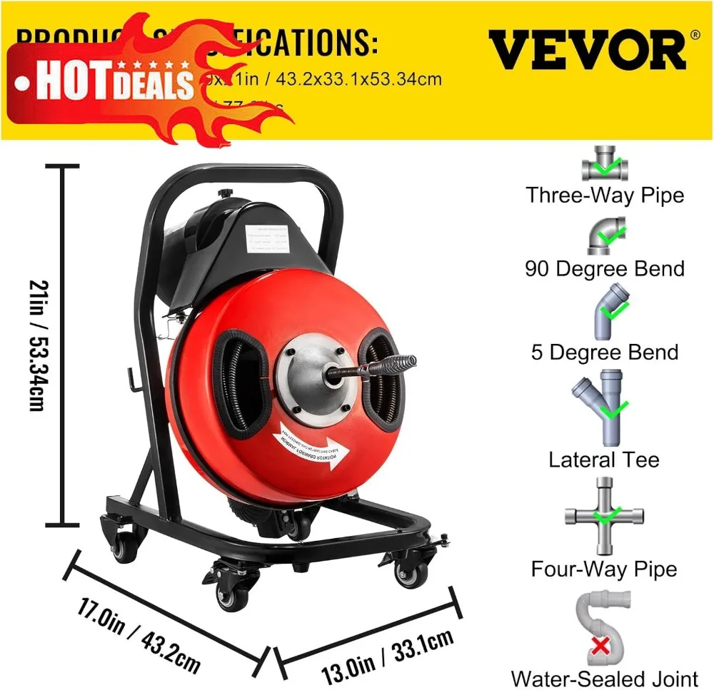 

Bestseller 50FT Electric Drain Snake with 4 Cutters & Foot Switch for 1-4 Inch Pipes, Portable Sewer Cleaner Machine