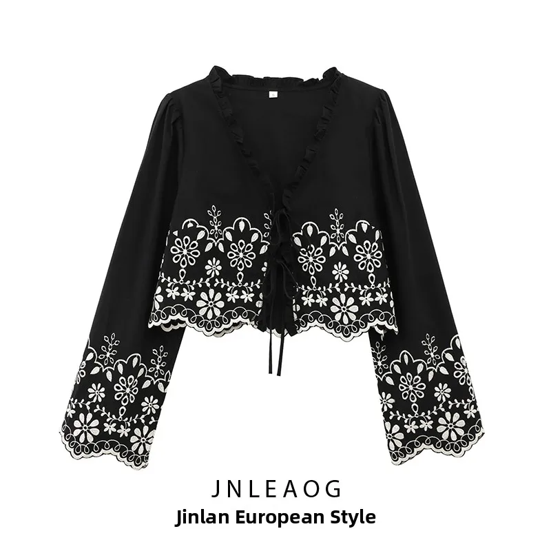 Bohemian Style Knitted Lace Hollow out Belted Cardigan Women's V-Neck Bell Sleeve Top Breathable Cotton Casual Fashion