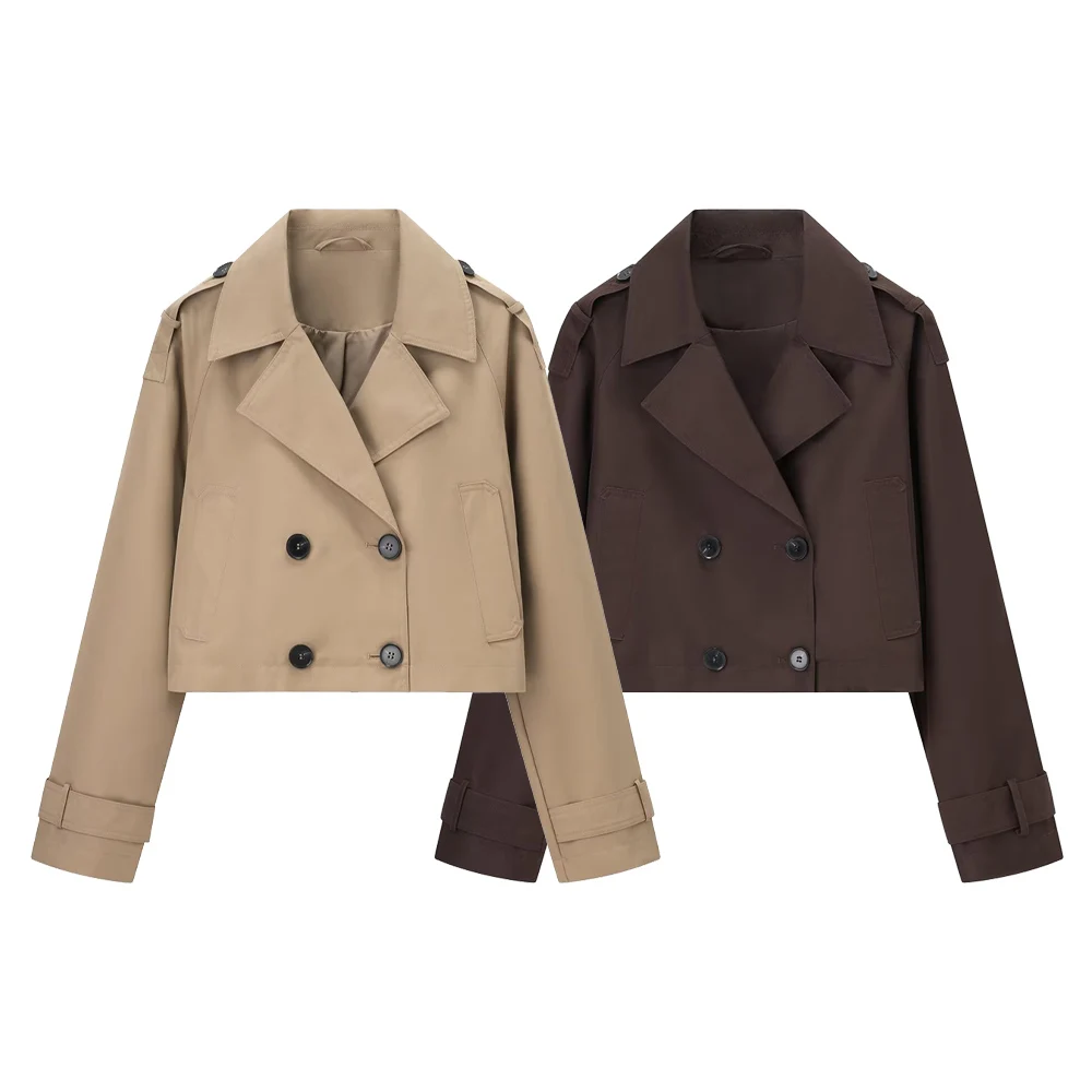 

Taop&Za women's new casual and comfortable lapel double breasted classic long sleeved solid color short windbreaker jacket