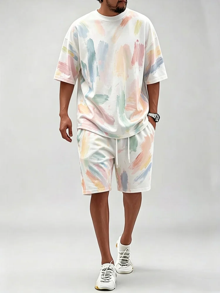 Men Loose-Fit Watercolor Paint Brush Print Summer Tracksuit, Artistic Aesthetic Streetwear Loungewear Matching Outfit