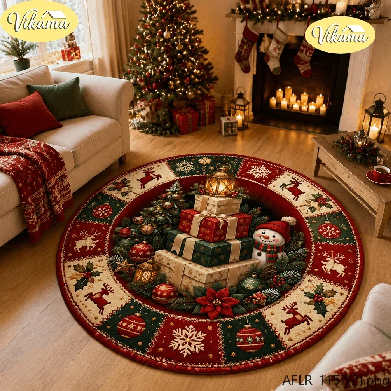 VIKAMA Christmas Gift Stack Round Rug, Non-Slip and Machine-Washable Living Room Carpet, Rustic Holiday Area Rug, Home Decor