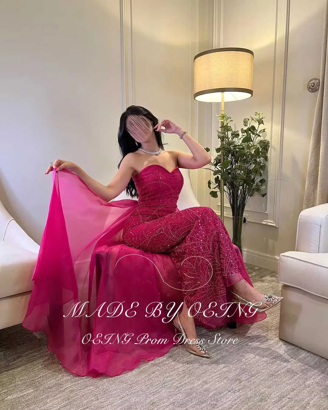 OEING Elegant Hot Pink Evening Dress Sweetheart Strapeless Prom Dresses Floor Length Dresses Formal Occasion Vestidos De Fiesta