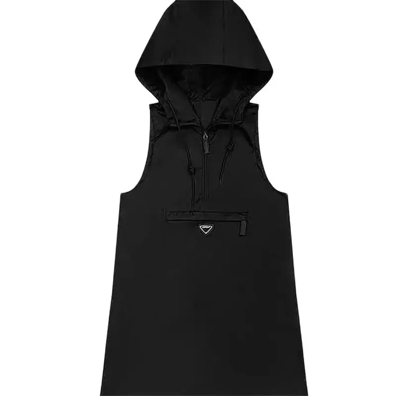 Spring Summer Hooded Waistcoat Dress Women 2024 New Fashion Loose Leisure Sleeveless Dress A Word Skirt Pure Colour 5XL Female