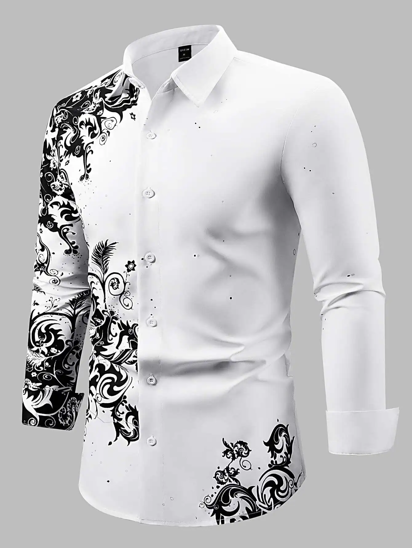 

Men's Slim Fit Long Sleeve Button-Up Shirt with Baroque Floral Print and Contrast Design