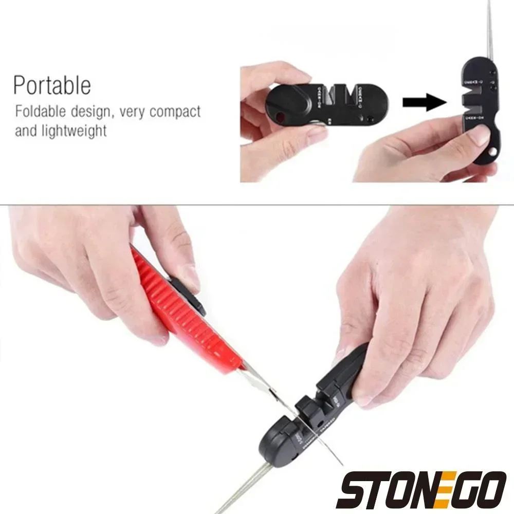 STONEGO 4-in-1 Portable Folding Knife Sharpener - Ceramic, Carbide, Diamond Stones for Outdoor and Kitchen