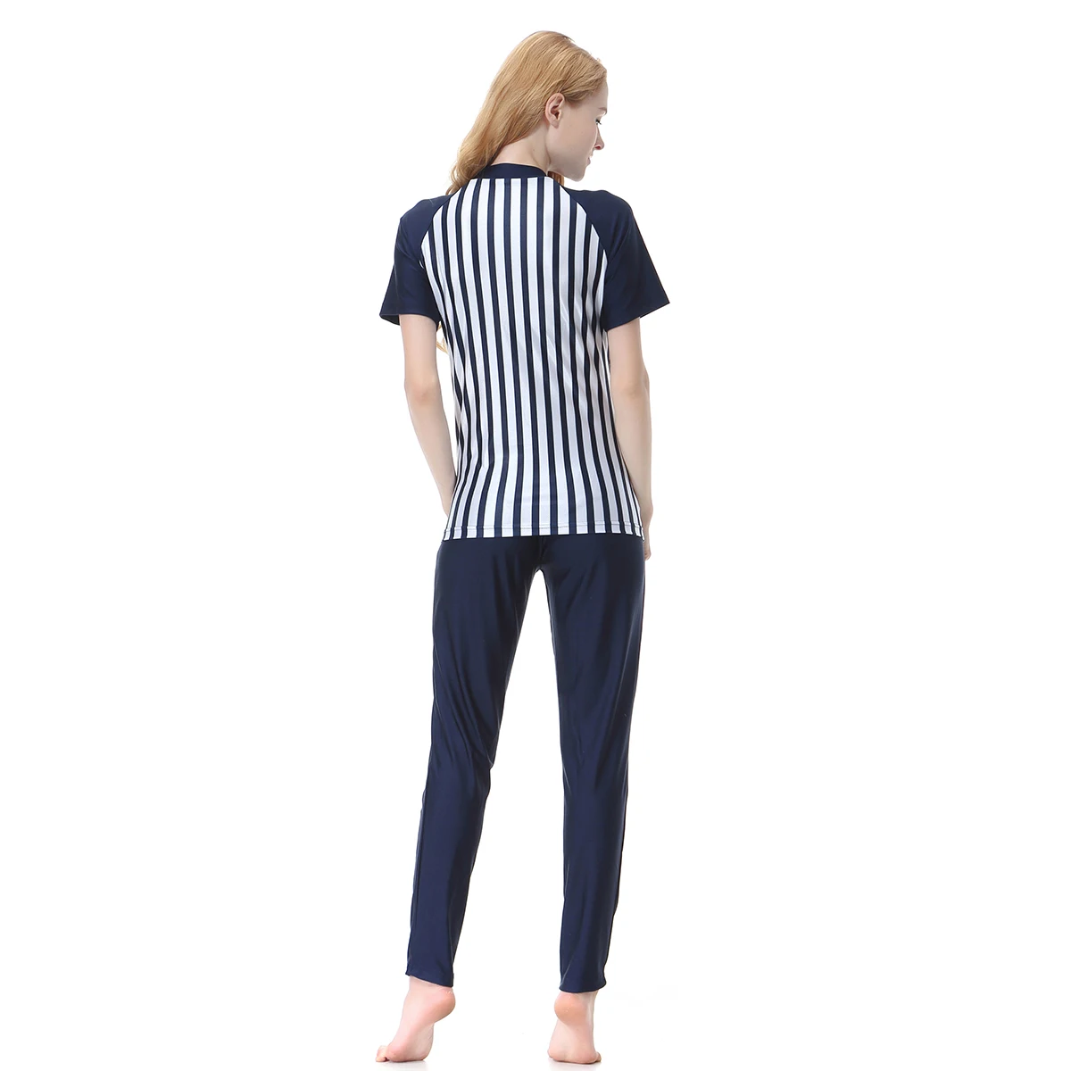 S-3XL Muslim Lady 3 Pcs Cap Short Sleeves Round Collar Striped Swimming Clothes Women Split Long Pants Swimwear Swimsuits