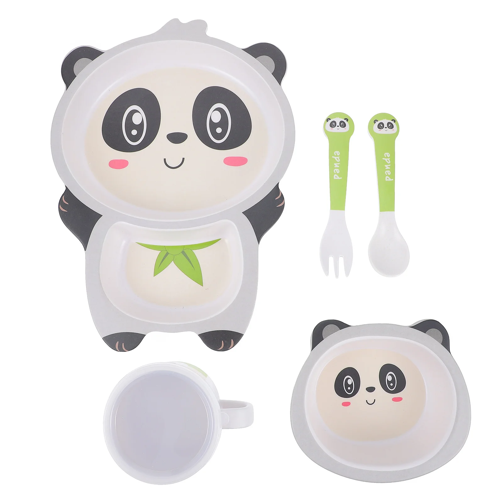 

5pcs Children's Tableware Set Bamboo Fiber Kids Dish Spoon Fork Bowl Cup Compartment Food Plate Baby Feeding