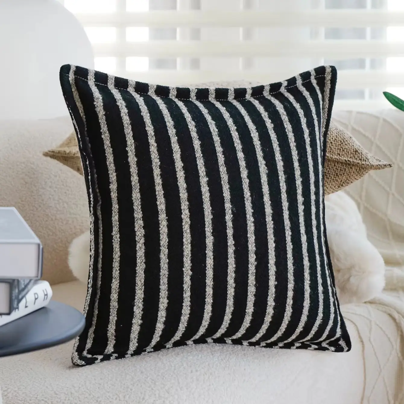 1pc Vertical Striped Square Cushion Cover Neutral Textured Throw Pillow Cover for Living Room Sofa Bedroom Farmhouse Home Decor
