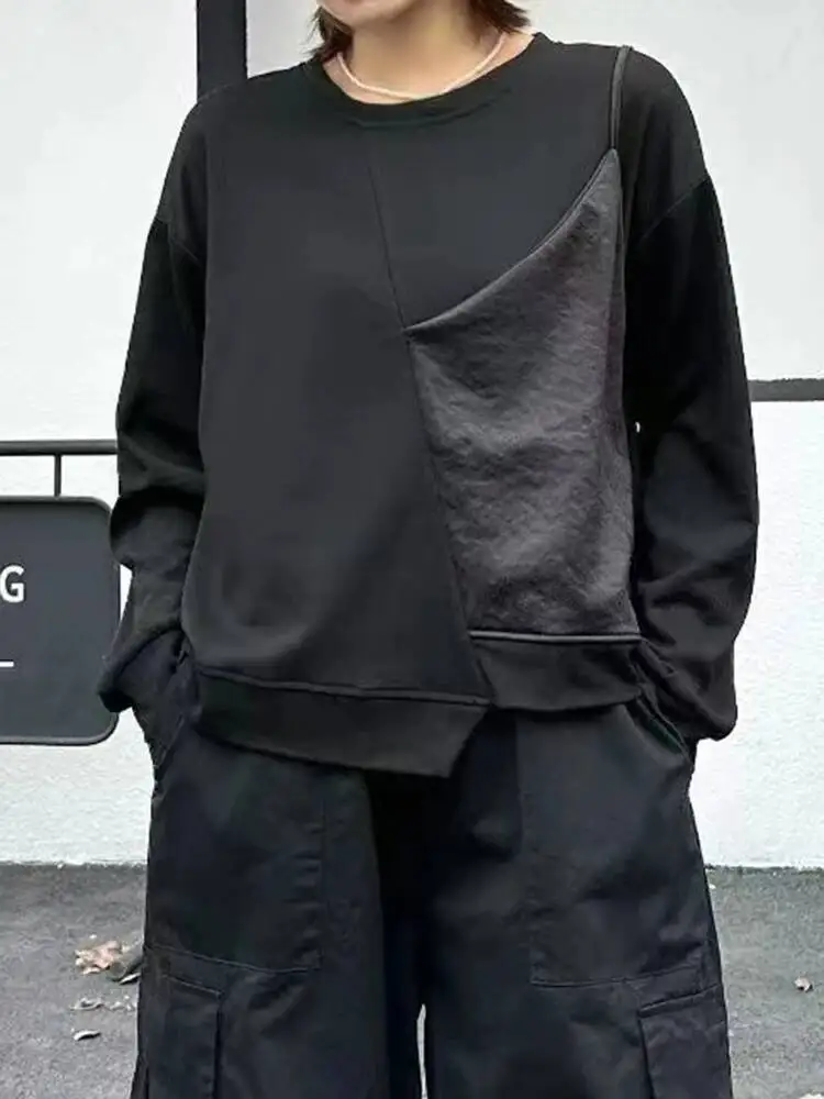 

Women Black Irregular Spliced Big Size Casual T-shirt New Round Neck Long Sleeve Fashion Tide Spring Autumn