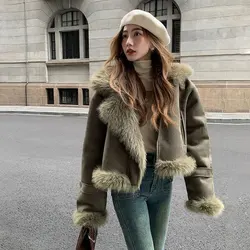 Winter Coat Women Faux Deerskin Leather Fur Jacket Fashion Streetwear Lapel Short Motorcycle Biker Coats Outwear Lady Streetwear