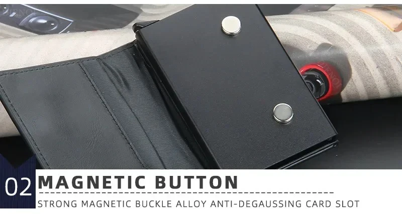 Magnetische RFID-blockierende Kreditkarteninhaber Männer Brieftaschen Anti-Diebstahl Aluminium Metall Pu Leder Kleine Pop-Up Brieftasche Karteninhaber Fall – Detail 20
