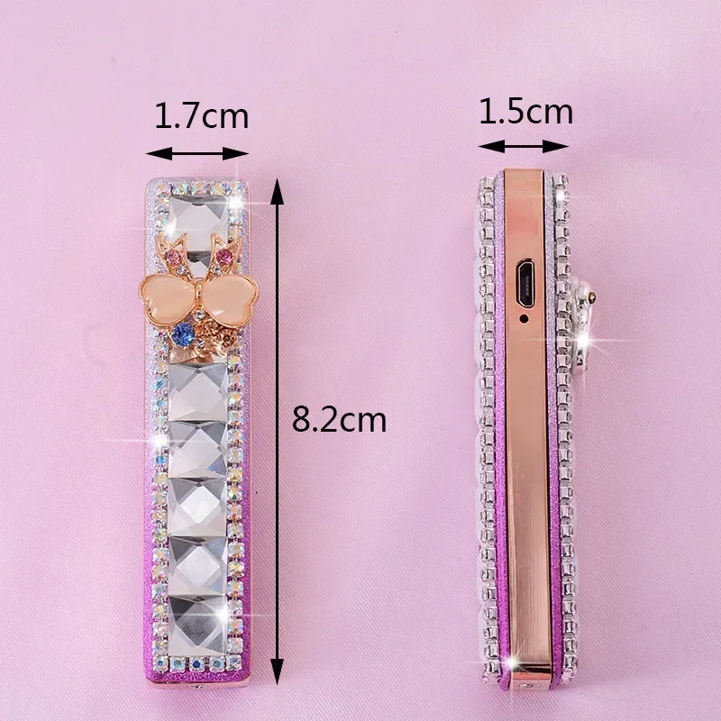 New Women Diamond USB Lighter Metal Windproof Lighter Rechargeable Portable Cigarette Accessories Cute Gift for Women