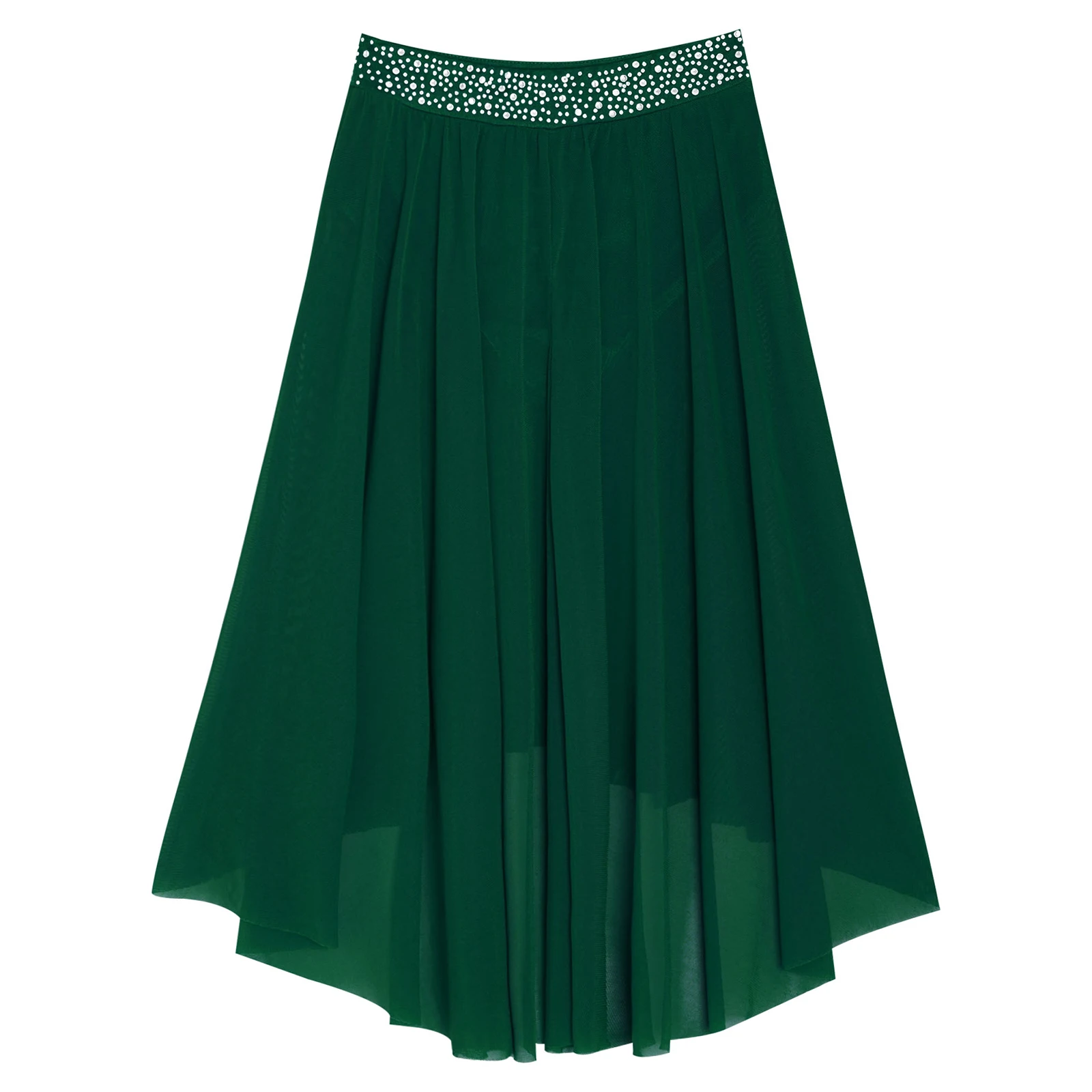 키즈 소녀 발레 서정적 현대 현대식 찬미 댄스 스커트 반짝이는 라인스톤 사이드 슬릿 하이 로우 불규칙 메쉬 스커트