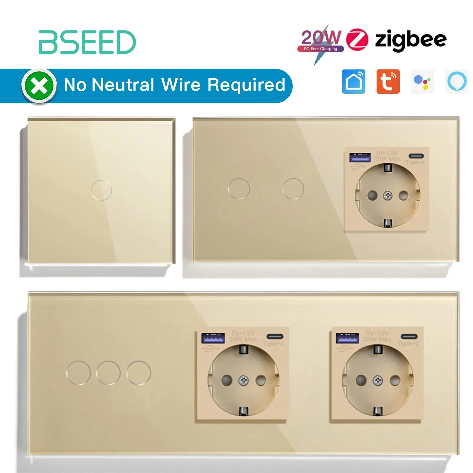 

Настенный выключатель BSEED ZigBee, умный сенсорный выключатель с поддержкой приложения Tuya, Alexa, 20 Вт, USB, стандартные розетки европейского стандарта, 1/2/3 клавиши