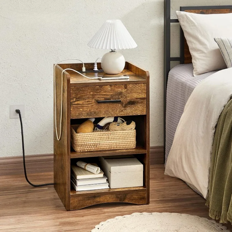 Bedside Tables with Charging Stations, Bedside Tables with USB Ports and Sockets, Drawers, Storage Shelves, Plug-in Series,