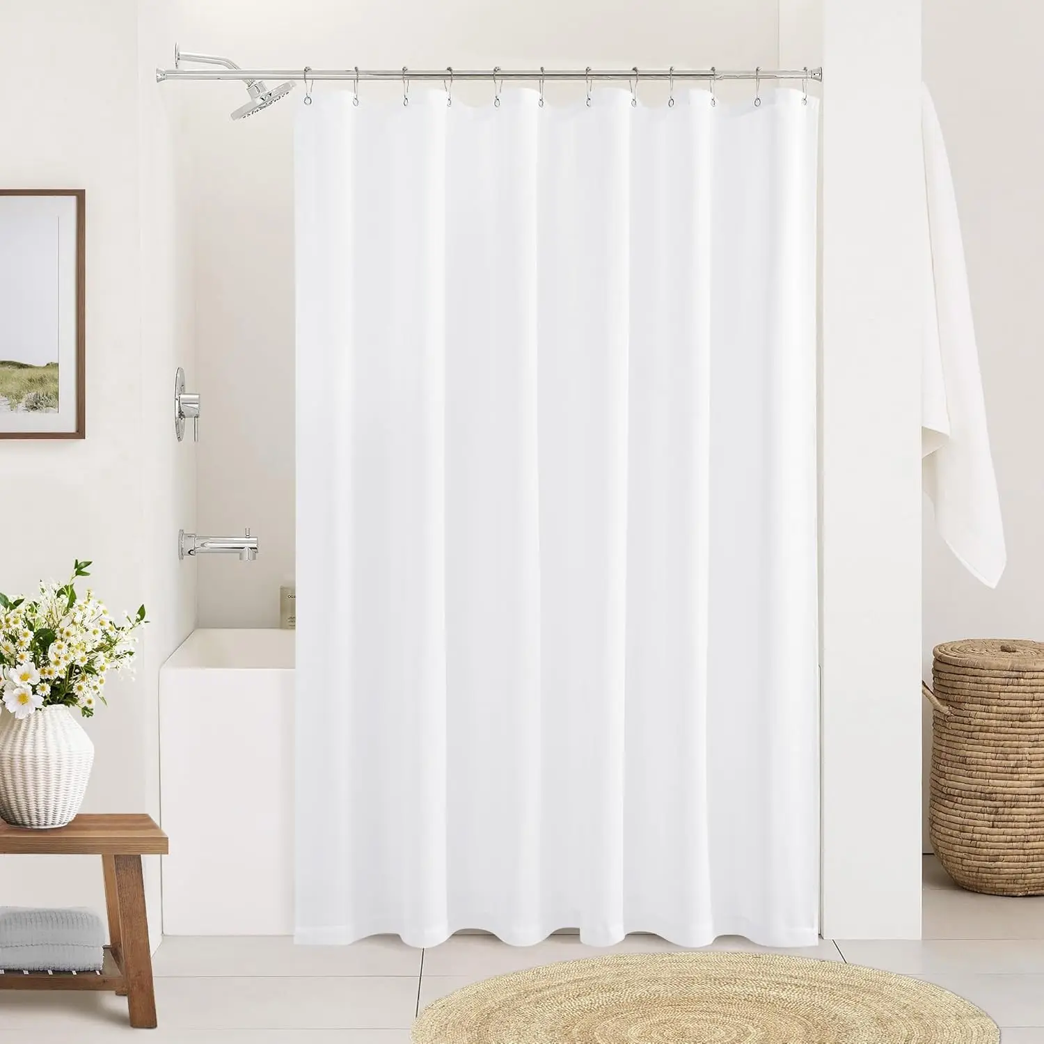 White Linen Shower Curtain Boho Shower Curtain Bathroom Luxury Elegant Textured Linen Blend Cloth Cotton Fabric Water Repellent