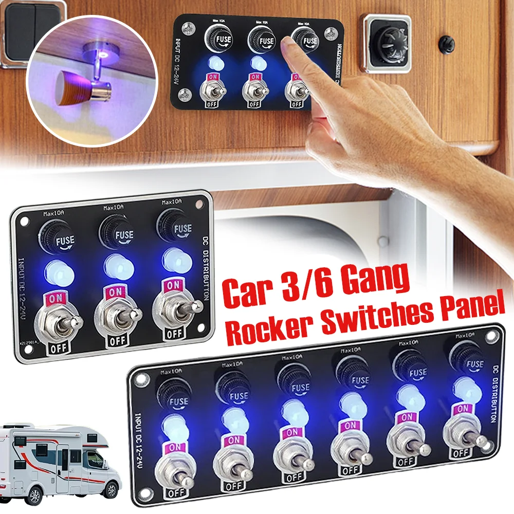 

Car 3/6 Gang Rocker Switches Panel with LED Light 12V/24V Replaceable Fuse Holder Auto Fuse Switch Box For RV Van Yachts Trucks
