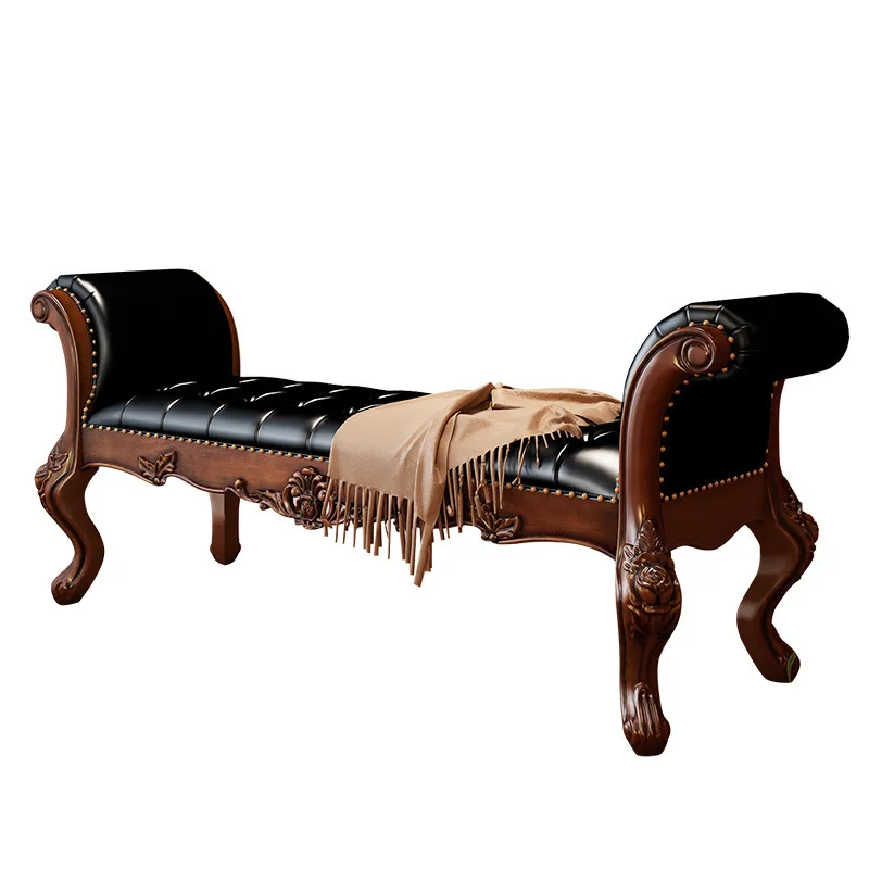 

All solid wood bedside stool leather bench foyer shoe changing stool European bedroom bed with armrest