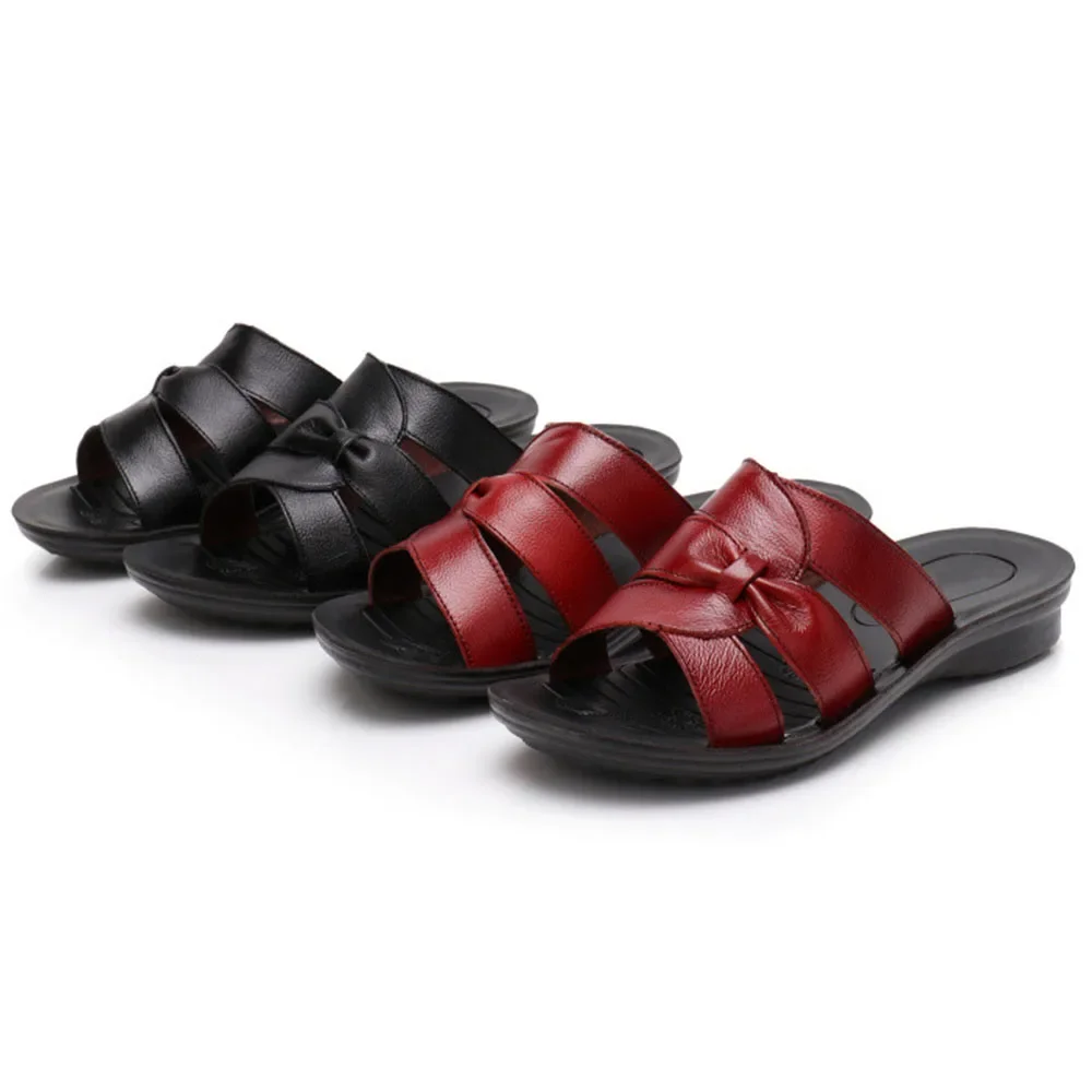 SNURULANWomen Slippers Shoes Genuine Leather Casual Slides Women Summer Shoes Retro Solid Mother Shoes Wedges Flip FlopsE625