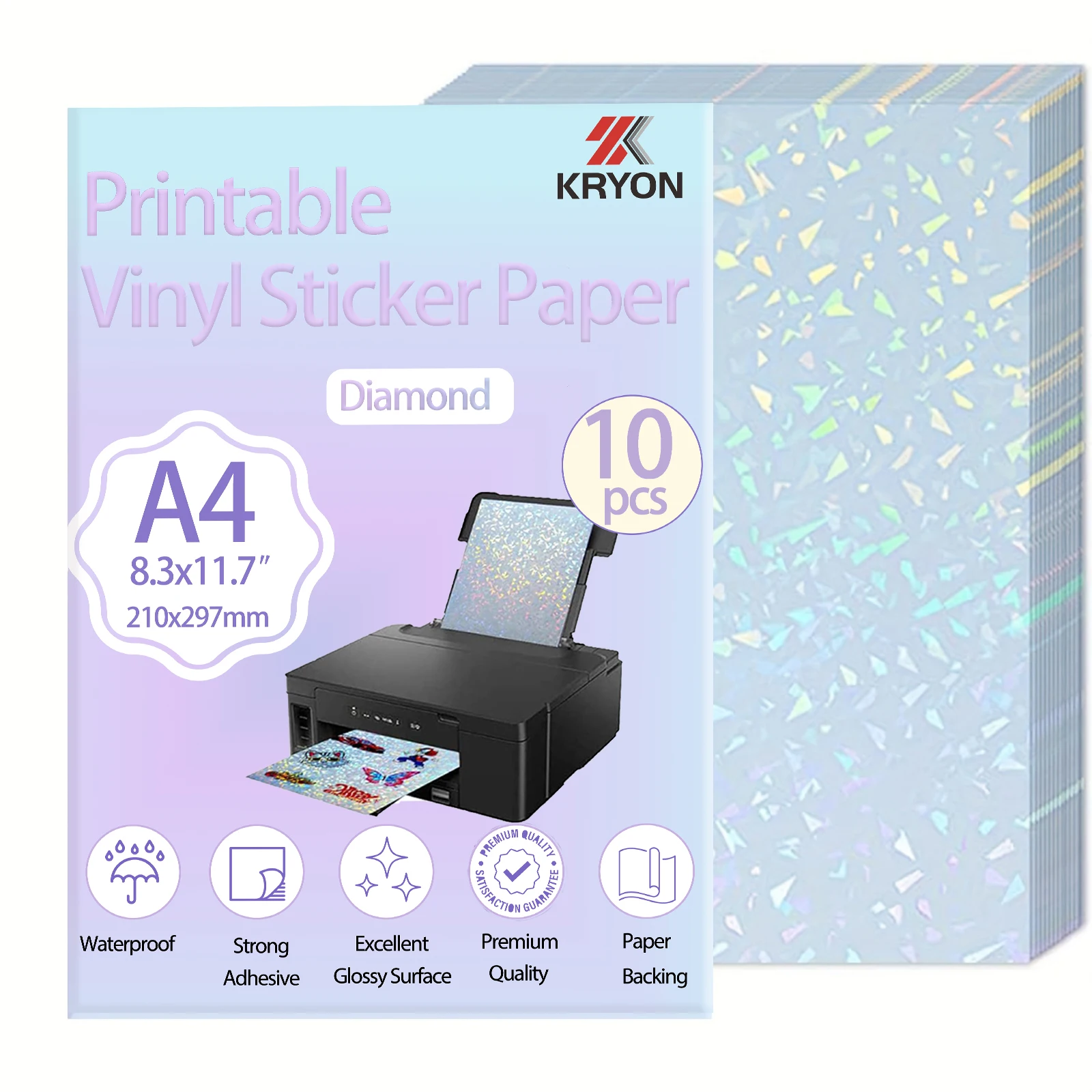 A4 10 Sheets Diamond  Holographic Sticker Paper for Inkjet & Laser Printer Waterproof Clear Vinyl Sticker Sheets Self-Adhesive