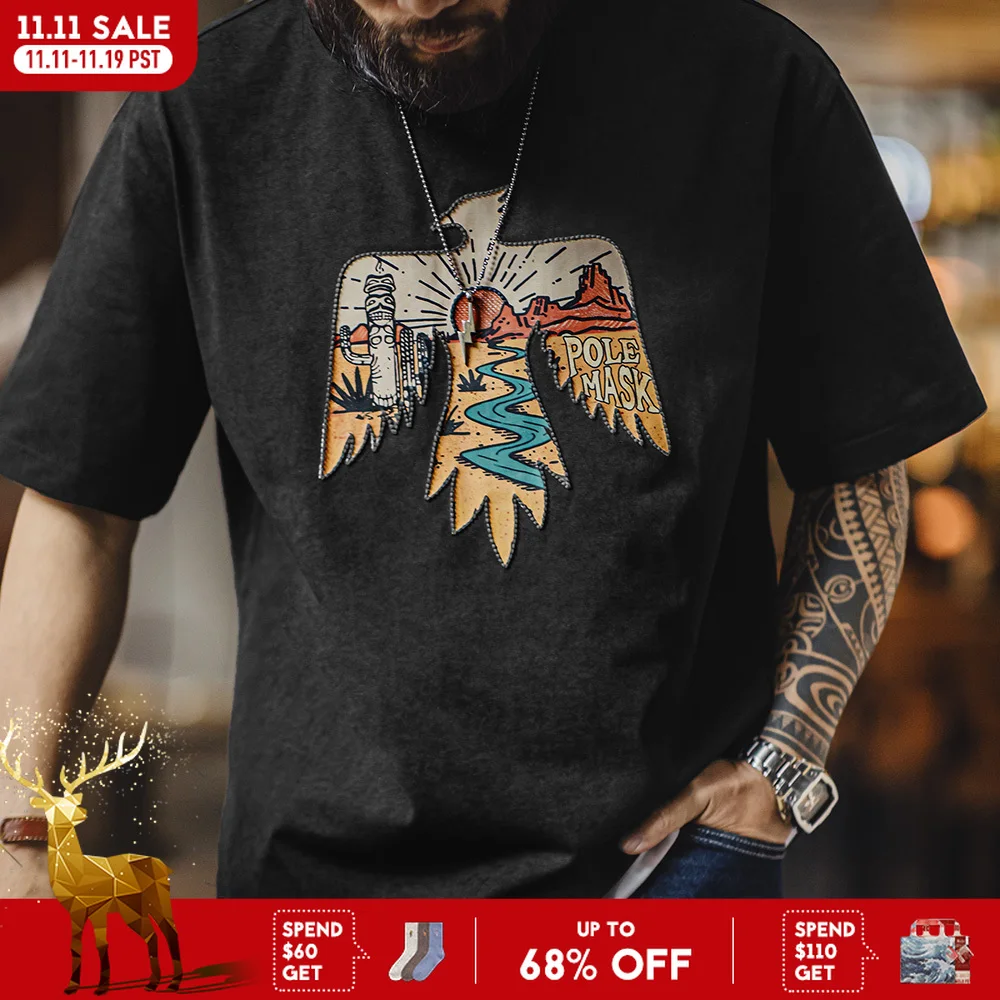 

Футболка Maden в винтажном стиле с принтом гробры, мужская летняя тяжелая футболка с короткими рукавами и вышивкой, уличные топы с круглым вырезом Navajo