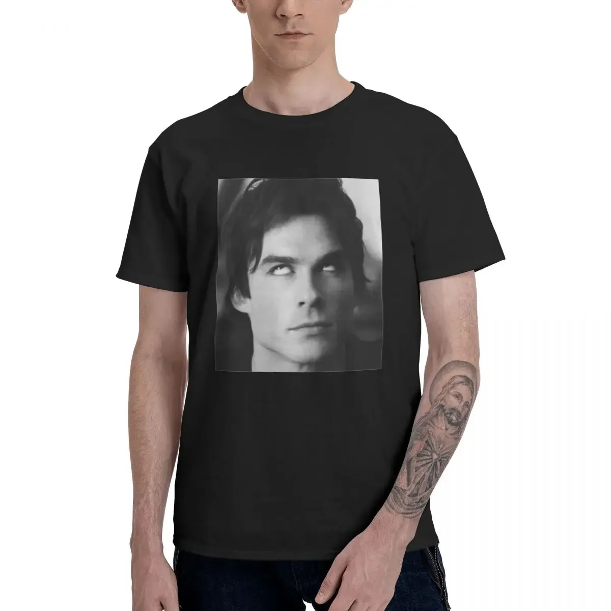 New Ian Somerhalder The Vampire Diaries Damon T-Shirt Men Funny Pure Cotton Tees Crew Neck Short Sleeve T Shirts Big Size Tops