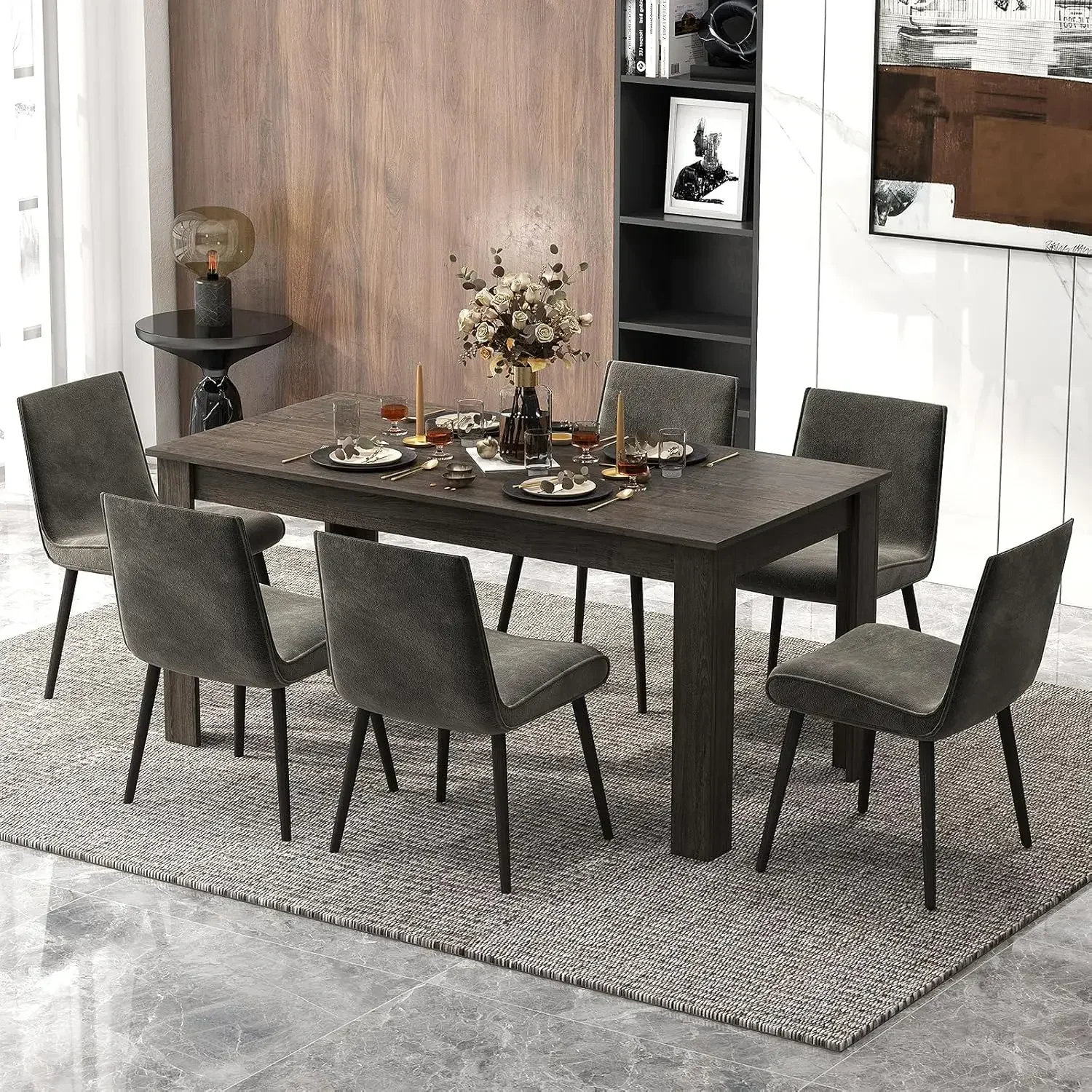 Dining Table for 4-6 People, 63” Rectangular Dining Room Table, Farmhouse Dinette Table with Large Computer Workstation, Modern