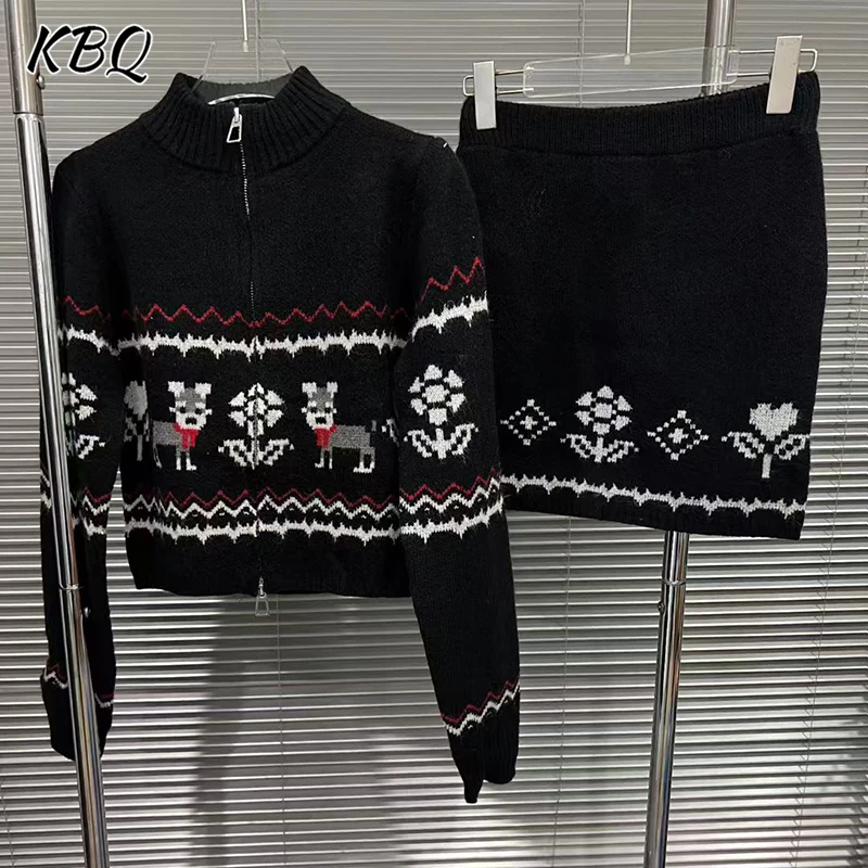 

KBQ Slim Fit Printing Two Piece Sets For Women Round Neck Long Sleeve Top High Waist Mini Skirt Elegant Set Female Fashion New