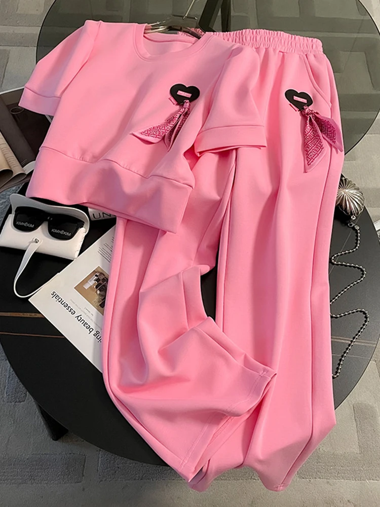 Short Sleeved Pants 2 Piece Sets Women Outfit Conjuntos Para Mujeres 2 Piezas Summer Pink Casual Wide Leg Trousers Track Suits